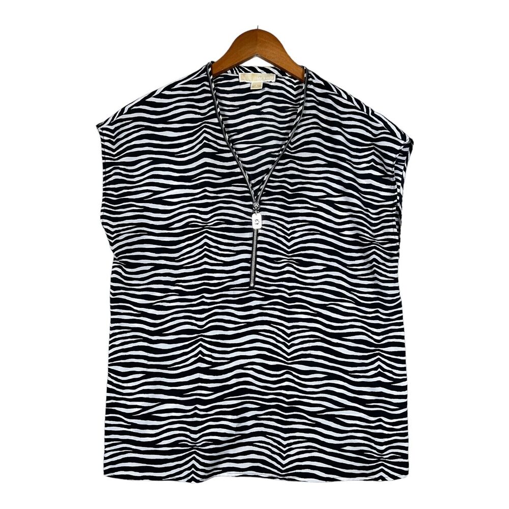 Michael Kors Lightweight Blouse Zip Sleeveless Shirt Zebra Stripe Women's L